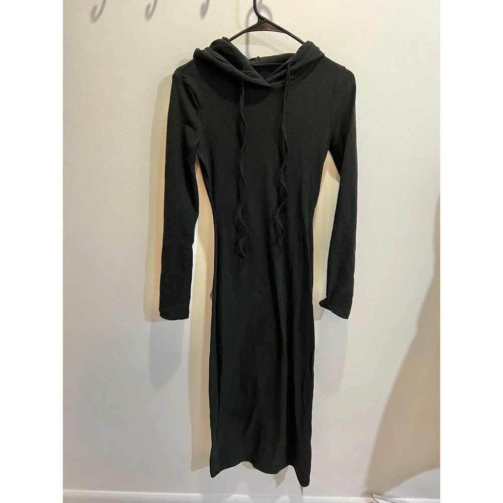 Commense NWT Women Black Drop Shoulder Drawstring Hooded Dress Loungewear Chic - Picture 6 of 12